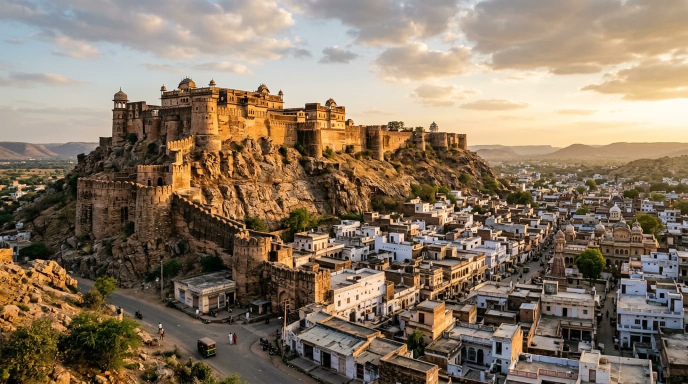 Dignified panoramic view of historic Kuchaman Fort atop the sandstone cliff, Kuchaman City, Didwana-Kuchaman District, Rajasthan